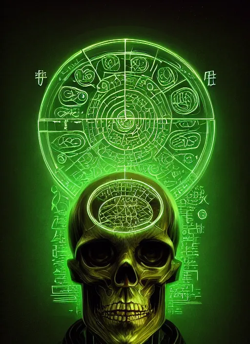 Image similar to portrait of a cyber skeleton, writing ancient runes with glowing green ink in a grand tome, intricate, elegant, glowing lights, highly detailed, digital painting, artstation, concept art, smooth, sharp focus, illustration, art by wlop, mars ravelo and greg rutkowski