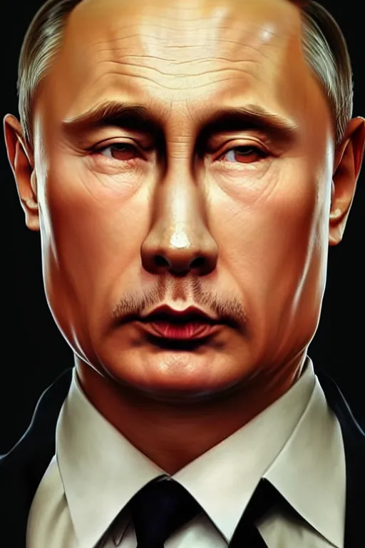 Image similar to vladimir putin with kim jong un hairstyle, realistic portrait, symmetrical, highly detailed, digital painting, artstation, concept art, smooth, sharp focus, illustration, cinematic lighting, art by artgerm and greg rutkowski and alphonse mucha