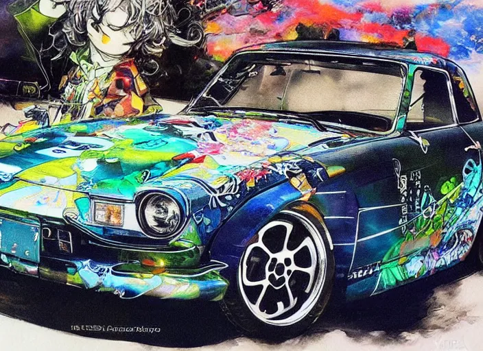 Image similar to beautiful yoshitaka amano art of a datsun fairlady roadster detailed painting