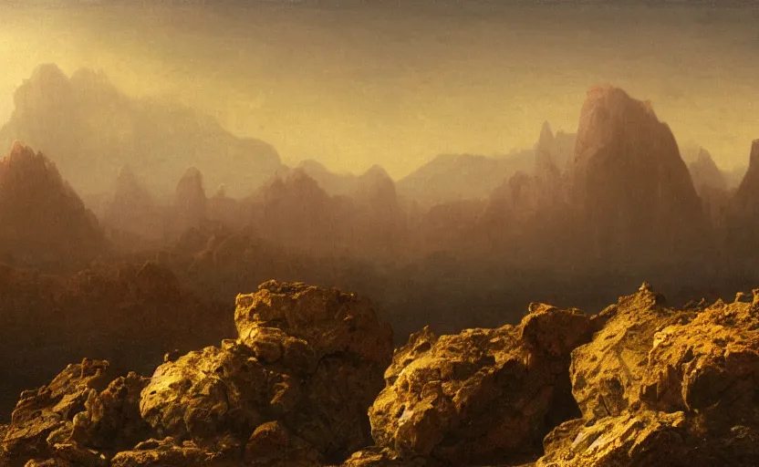 Image similar to plutonian landscape, very dim, close up shot, rocky, at dusk, distant mountains, 4k, rule of thirds, extreme detail, hazy, intricate ink illustration, surreal, surrealist, trending on artstation, cgsociety, hd, calm, complimentary colours, realistic lighting, by Albert Bierstadt, Frederic Edwin Church.