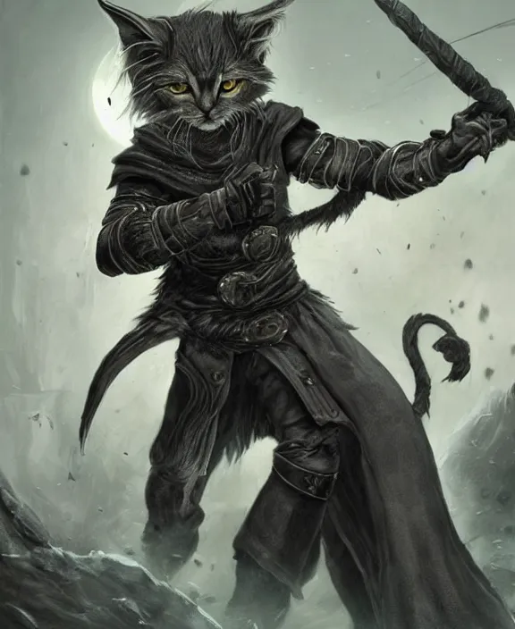 Image similar to humanoid male khajiit rogue with a scar on left eye, wearing leather armor with a hood, mainecoon cat features with jet black fur, far - mid shot, magic the gathering, fantasy