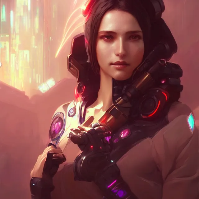 Prompt: portrait of beautiful female, cyberpunk setting!, subsurface scattering!!, artistic, art by artgerm, greg rutkowski and alphonse mucha, artstation, octane render,