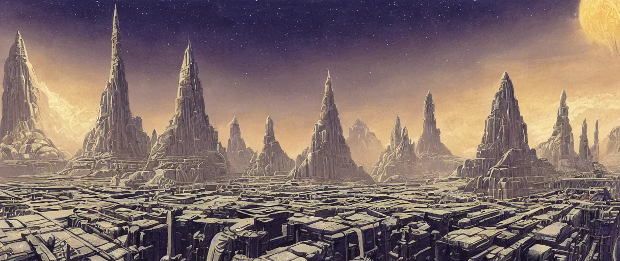 Prompt: A beautiful illustration of an ancient city built by advanced Feline Aliens by Robert McCall and Ralph McQuarrie | sparth:.2 | Time white:.2 | Rodney Matthews:.2 | Graphic Novel, Visual Novel, Colored Pencil, Comic Book:.1 | unreal engine:.3 | first person perspective | viewed from below | establishing shot:.7