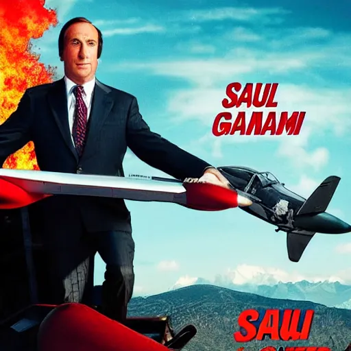 Prompt: movie poster of saul goodman flying a plane, high quality, high detail