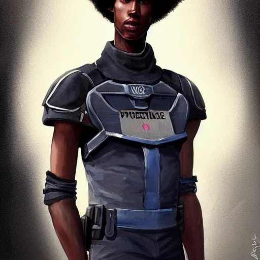 Image similar to portrait of a man by greg rutkowski, he is about 2 0 years old, mixture between afroamerican and japanese, afro hair, young, very tall and slender, he is wearing a futuristic police gear, highly detailed portrait, digital painting, artstation, concept art, smooth, sharp foccus ilustration, artstation hq