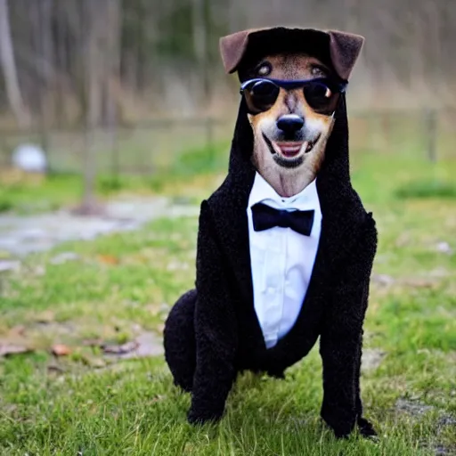 Prompt: an adult dog in a formal suit, wearing glasses and a coat, on his hind legs