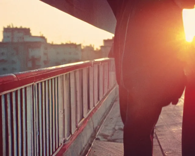 Image similar to lomo photo of pair standing on small hrushevka balcony full with cigarette smoke in small russian town looking at sunset, cinestill, bokeh