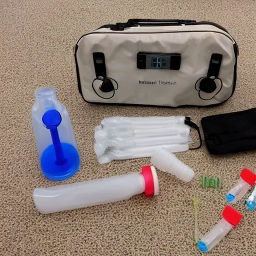Image similar to music instrument similar to saxophone made out of clear tubing, syringes, urine collection bag, iv pole, fluid bag, nebulizer equipment