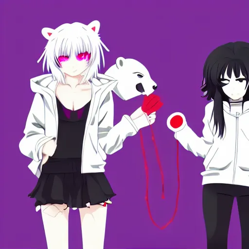 Image similar to two girls, a girl with short white hair and polar bear ears wearing an open black coat, another girl with long black hair wearinga purple hoodie with red eyes, anime key visual art, anime artystyle