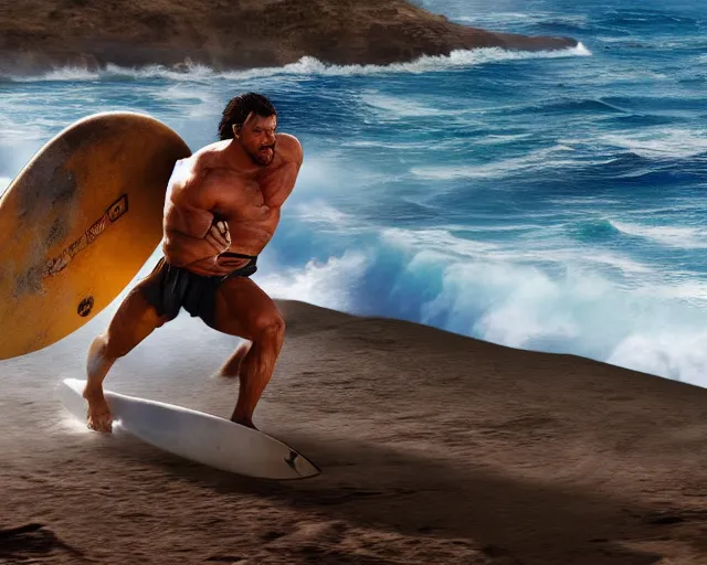 Prompt: single spartan with surfing on australian beach, epic award winning action cinematic still from the movie 3 0 0, 8 k, global illumination, detailed face, muscles, rim highlights, hyper realistic, stunning waves, happy vibes