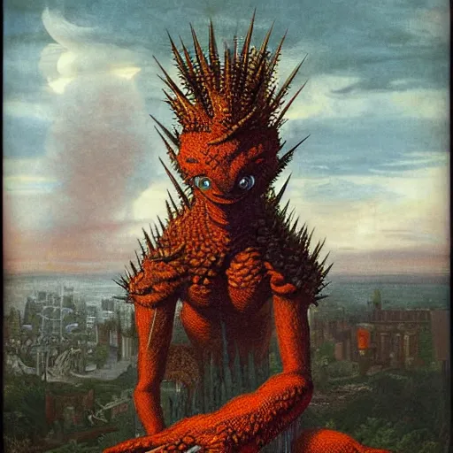 Prompt: A beautiful body art of a large, orange monster looming over a cityscape. The monster has several eyes and mouths, and its body is covered in spikes. It seems to be coming towards the viewer, who is looking up at it in fear. by John Frederick Kensett, by Jeremiah Ketner gloomy