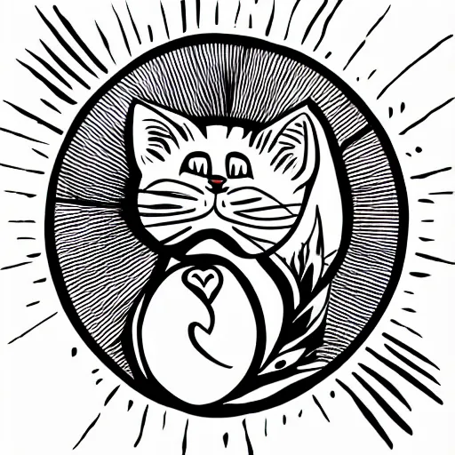 Prompt: tattoo sketch of a cat hugging the sun, on a canva, blackwork, ornamental, line art, vector,