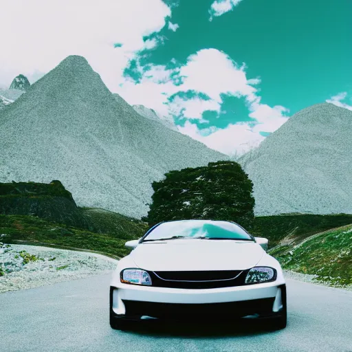 Image similar to modern minimalistic car, professional photography, vaporwave, mountains in the background