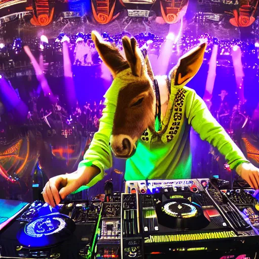 Image similar to A DJ donkey on the tomorrowland stage, 8k, hyper-detailed