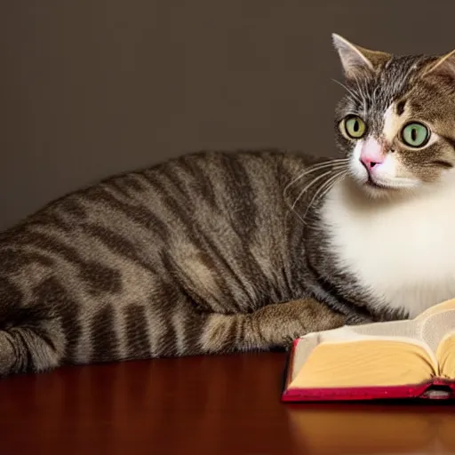 Prompt: adorable cat reading the bible, award winning dslr photography, studio lighting