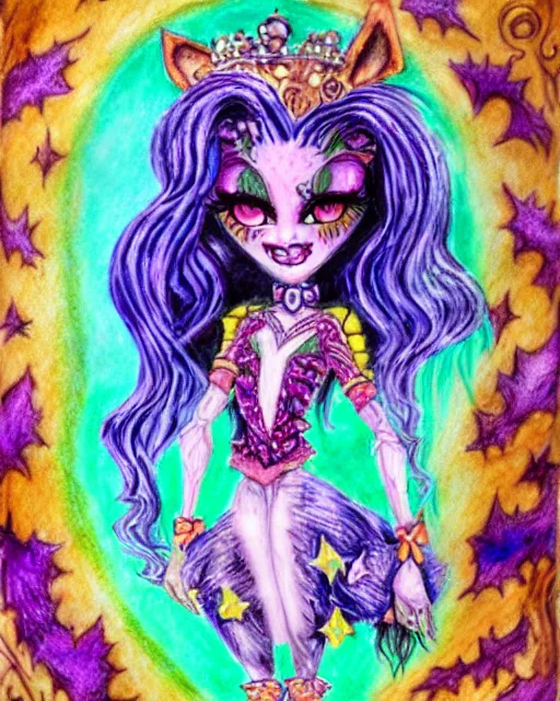 Prompt: josephine wall watercolor pencil drawing of a monster high universe clawdeen wolf fullmoon