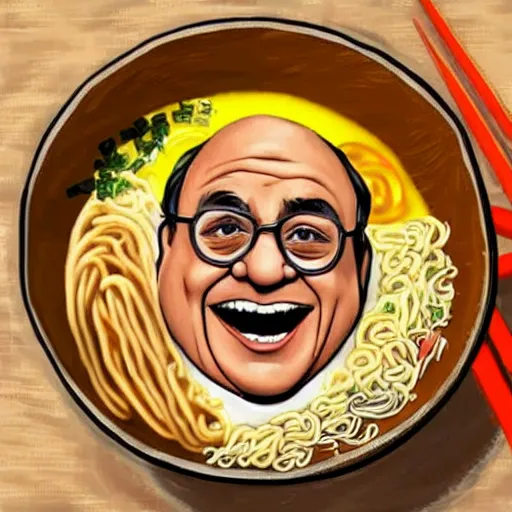 Image similar to danny devito face in a bowl of ramen