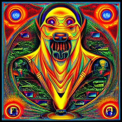 Image similar to the headed robotic hell dog, sacred geometry, alchemy, secrets of the merkabah in the style of alex grey