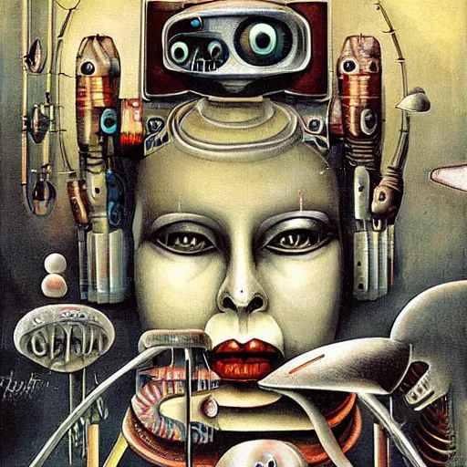 Prompt: the queen of robots, digital painting masterpiece, by h r giger and hannah hoch and ed roth and denys cowan