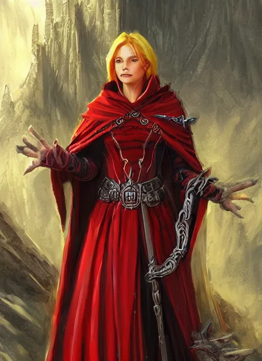 Image similar to bright red cloak female priest, ultra detailed fantasy, dndbeyond, bright, colourful, realistic, dnd character portrait, full body, pathfinder, pinterest, art by ralph horsley, dnd, rpg, lotr game design fanart by concept art, behance hd, artstation, deviantart, hdr render in unreal engine 5