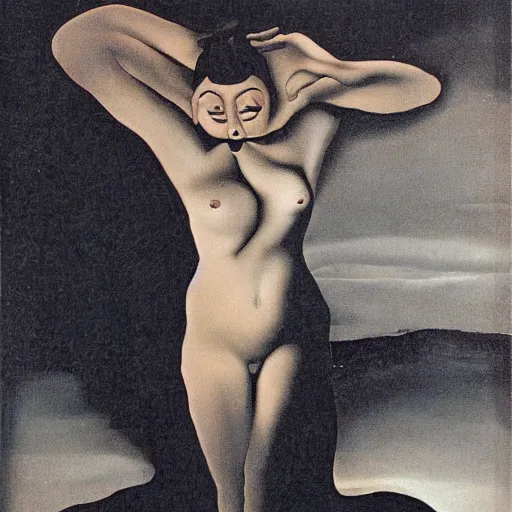 Prompt: seductive dark goddess in dark cave, salvador dali style