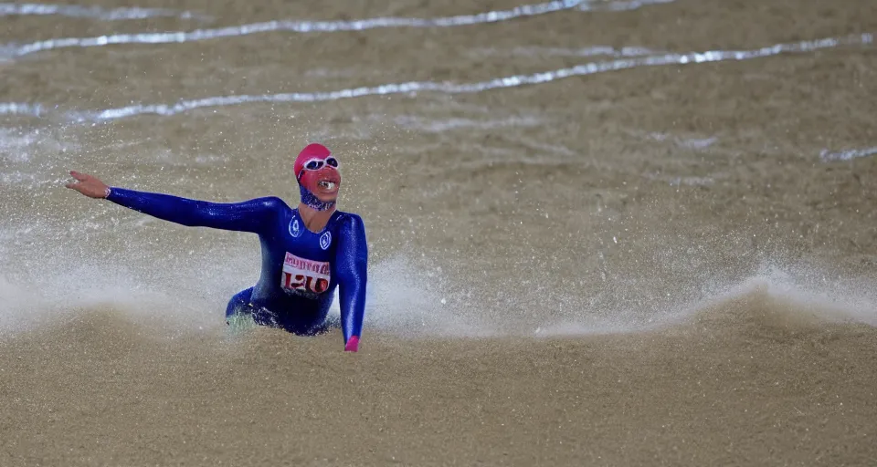 Image similar to olympic swimming in sand instead of water, extremely coherent, motion blur