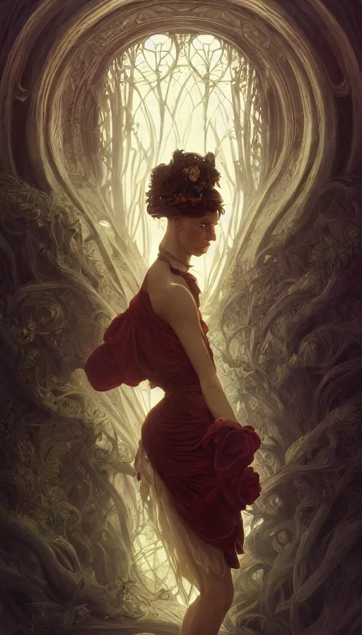 Prompt: dark twisted fairytale, fibonacci, sweat drops, insane, intricate, highly detailed, digital painting, artstation, concept art, smooth, sharp focus, illustration, Unreal Engine 5, 8K, art by artgerm and greg rutkowski and alphonse mucha