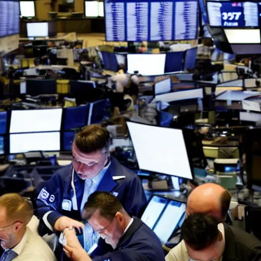 Prompt: a group of traders upset on the stock market floor