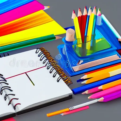 Prompt: back to school with school supplies and equipment, lots of colored pencils along with a pencil sharpener and a ruler, 3 d rendering, stock photo, octane render 8 k