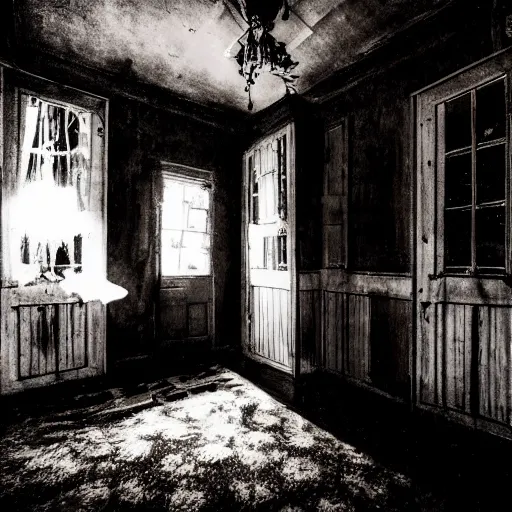 Prompt: interior of a haunted house, late at night, spooky, eerie, dark, foreboding