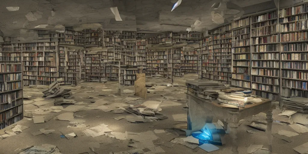 Image similar to eerie abandoned bookstore in the mall at night, anime!, scattered books on the floor, blue lighting, award - winning photorealistic digital art