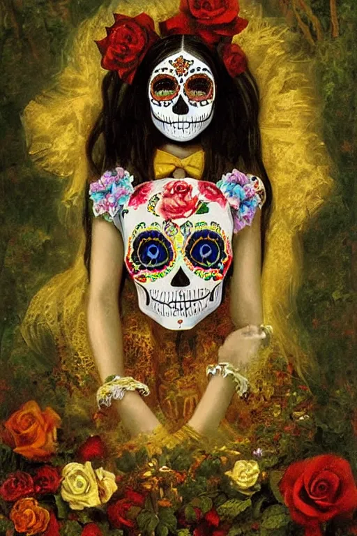 Image similar to Illustration of a sugar skull day of the dead girl, art by Albert Bierstadt