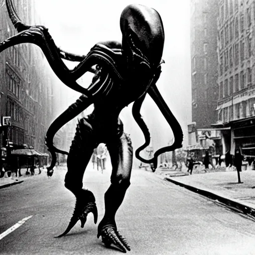 Image similar to old black and white photo, 1 9 1 3, depicting a xenomorph from the movie aliens rampaging through the bustling streets of new york city, historical record