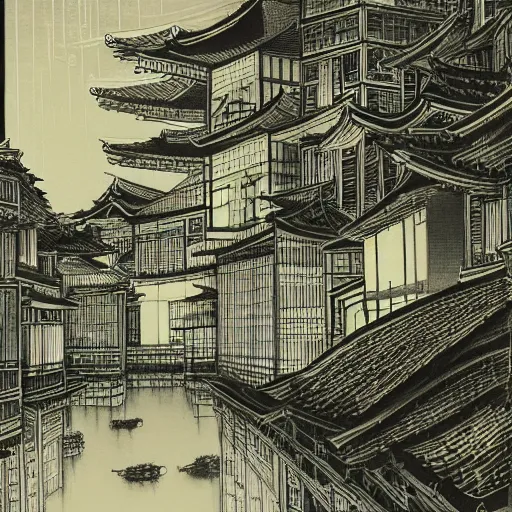 Image similar to a beautiful ink painting of buildings in japanese traditional style, in the style of hiroshi yoshida, at night, light effect, detailed, high - definition, exquisite isolated very detailed, moody lighting, 8 k highly detailed, trending on artstation