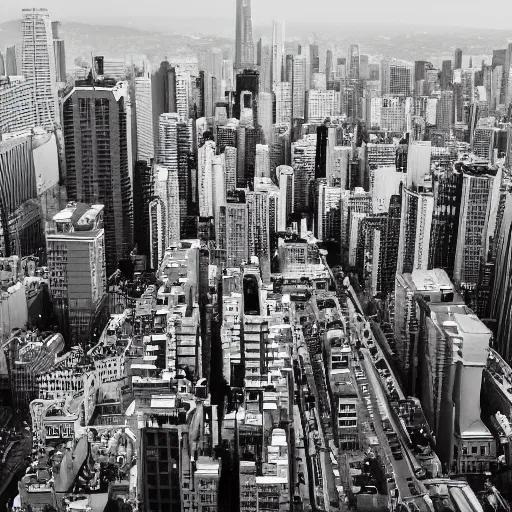 Image similar to A worm's eye view of a cityscape, with the buildings and streets appearing small and insignificant, in a desaturated color palette.