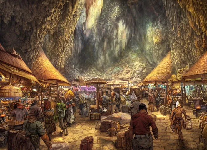 Image similar to close up view of a bustling fantasy marketplace in a large cavern by jeff darrow and moebius, earth and pastel colors, dramatic perspective, highly detailed, ultra realistic, masterpiece, 4 k, 8 k