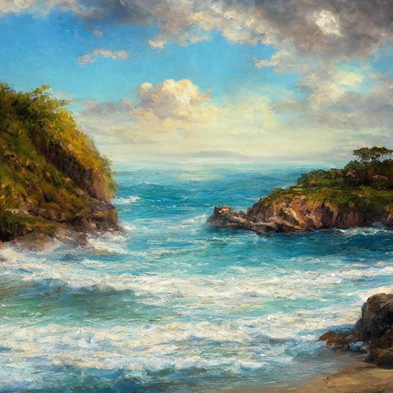Prompt: a beautiful masterpiece painting of a coastal beach seascape in spring with by juan gimenez, award winning, trending on artstation,