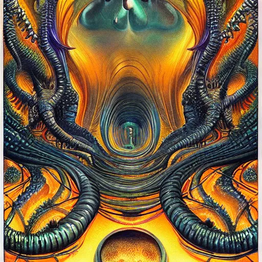 Image similar to lurid eldritch radiating town fractal shimmering phantasm, by h. r. giger and esao andrews and maria sibylla merian, pop art, synthwave, cubist