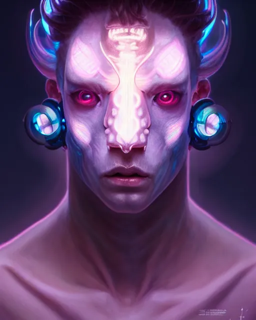 Prompt: portrait, bioluminescent male creature, japanese gothic, concept art, expressive, highly detailed, digital painting, cinematic lighting, hyperrealism, dark retrowave, art by stanley lau and artgerm and magali villeneuve and alphonse mucha, artstation, octane render, cgsociety
