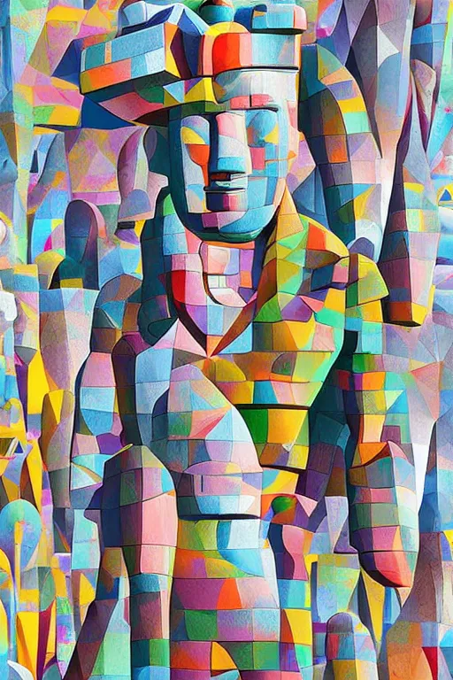 Image similar to cubist moai statue cutout digital illustration cartoon colorful beeple