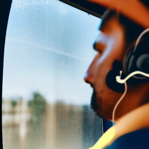 Prompt: closeup shot of a person sitting in a train looking out the window while listening to music on headphones