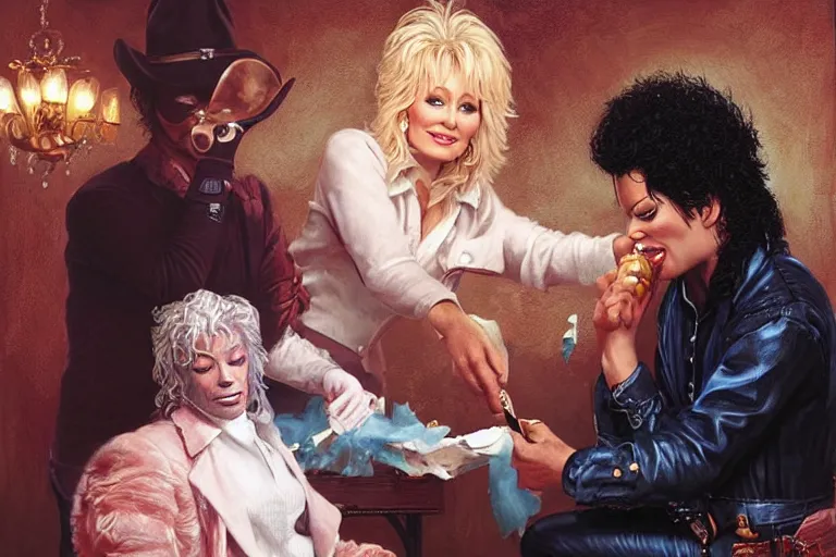 Prompt: portrait of dolly parton removing chewing gum from michael jacksons hair, an oil painting by ross tran and thomas kincade