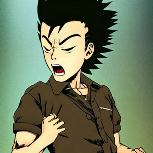 Prompt: young boy angry with pompadour hair, art by katsuhiro otomo, tetsuo hara, yusuke murata, jotaro kujo, japanese delinquent, similar to metal bat from one punch man, kuwabara hairstyle, akira kongou, banchou, action pose, manga cover