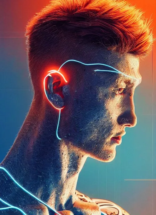 Prompt: a highly detailed long shot photo of intricate masculin male face portrait, futurism, rococo cyber neon lighting, detailed futuristic fibonacci jewelry, profile posing, hyper photorealistic, crispy quality, digital photography, trending in pinterest, cinematic, 4 k ultra hd, art by pascal blanche, art by greg rutkowski, art by artgerm,