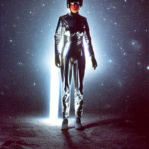 Image similar to 1 9 8 0 s sci - fi portrait photo, a woman wearing a dramatic silver foil and rubber hose spacesuit costume standing on a dark and mysterious alien planet, atmospheric fog, light beams, 4 k