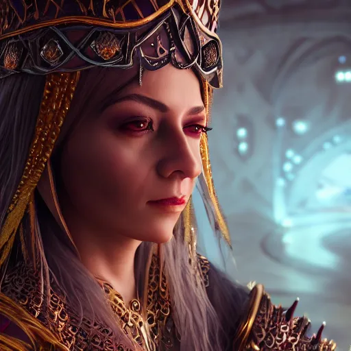 Image similar to a beautiful female fantasy wizard dressed in ornate arcane magical robes in a dungeons and dragons style, close up, 4 k, octane render, detailed