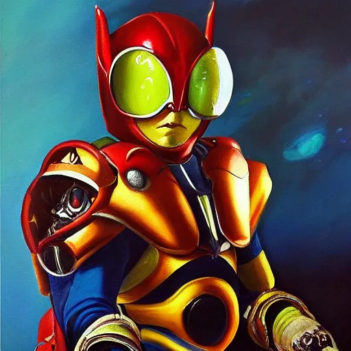 Prompt: a realistic painting by Raffaello Sanzi depicting the Kamen Rider Kabuto with the head of the cyborg Teletubbies in the Renaissance,smooth,Sharp focus, trending on Artstation.