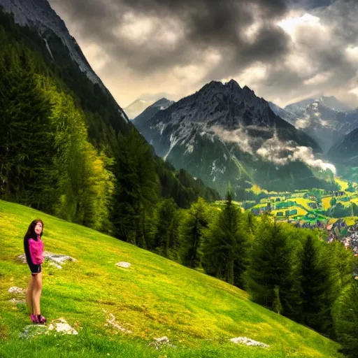 Image similar to a beautiful photograph of a girl with switzerland landscape in the background with trees, hdr, 8 k, high quality, sharp focus, artstation, highly detailed, award - winning, dramatic lighting, beautiful clouds, and nature