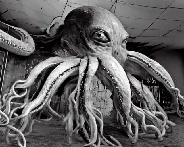 Prompt: camera footage of a extremely aggressive Giant mutated Octopus with glowing white eyes, Human Features, Teeth, in an abandoned shopping mall, Psychic Mind flayer, Terrifying, Silhouette :7 , high exposure, dark, monochrome, camera, grainy, CCTV, security camera footage, timestamp, zoomed in, Feral, fish-eye lens, Fast, Radiation Mutated, Nightmare Fuel, Ancient Evil, Bite, Motion Blur, horrifying, lunging at camera :4 bloody dead body, blood on floors, windows and walls :5