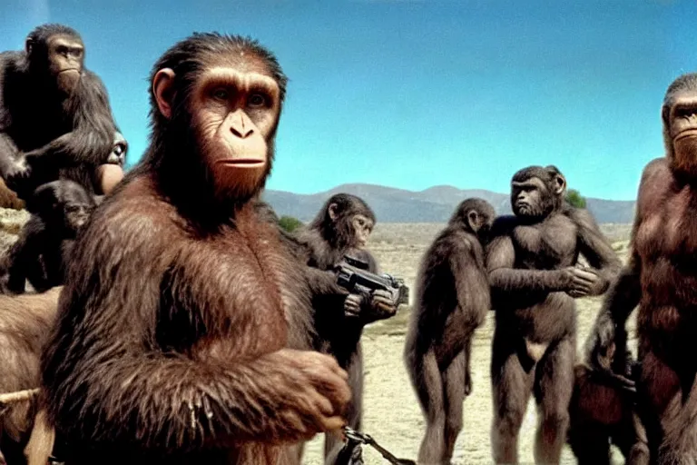 Prompt: movie still from planet of the apes, 1 9 6 8